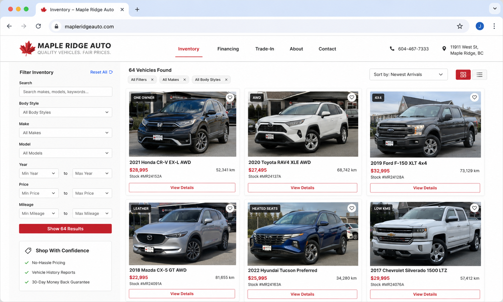 Maple Ridge Auto's own dealership website, showing its inventory as a shopper sees it